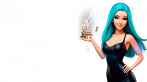 Изображение женского персонажа, держащего стопку монет, рекламирующего приветственный бонус в онлайн-казино Legzo в игривом и привлекательном стиле.